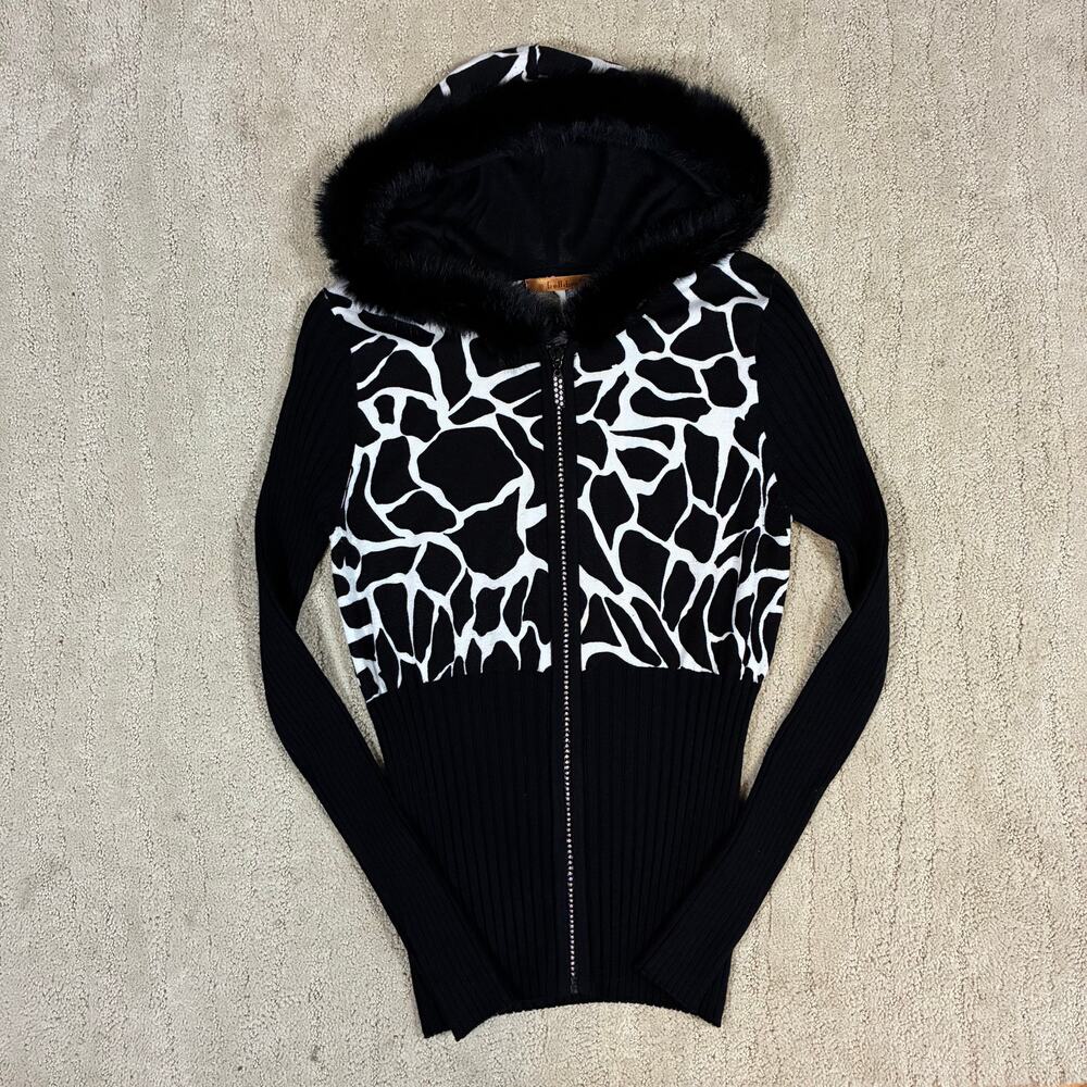 Y2K Belldini Women M B&W Animal Print Fitted Rib Knit Faux Fur Hood Zip Jacket